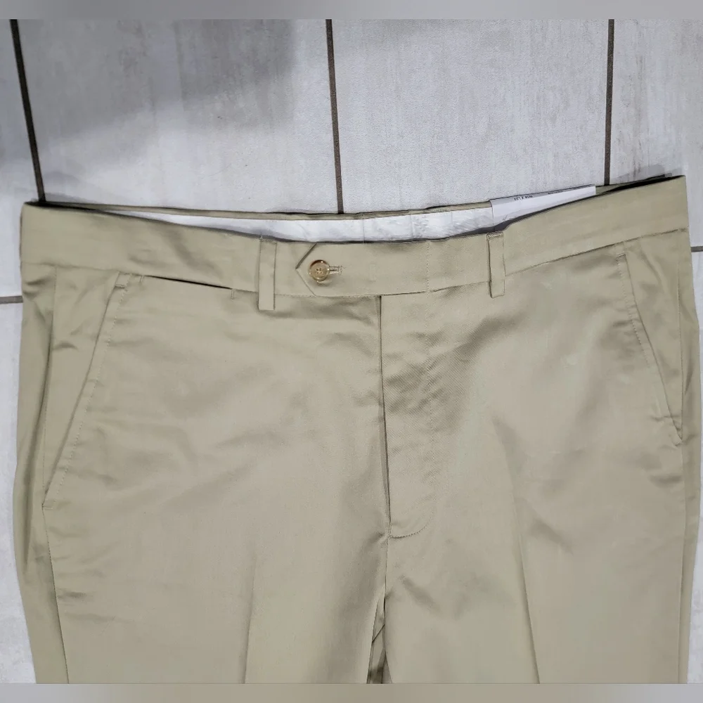 NAUTICA Men's Modern-Fit Ceylon Linen Solid Tan Khaki Dress Pants